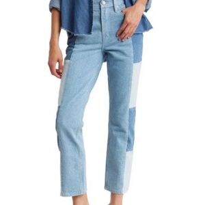 Good American Good Straight Patchwork Jeans Light Blue Multi High Rise 4/27